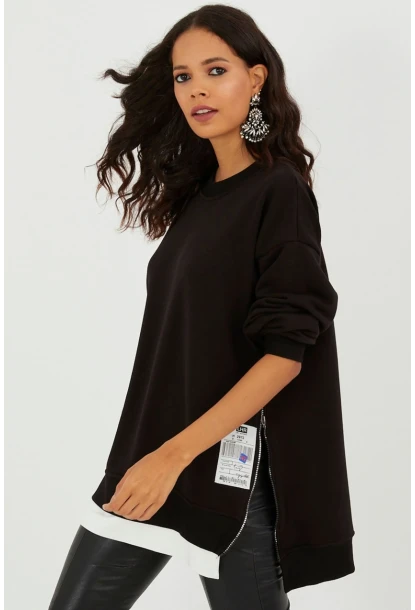 Kadın Siyah Yanları Fermuarlı Oversize Sweatshirt BK231095
