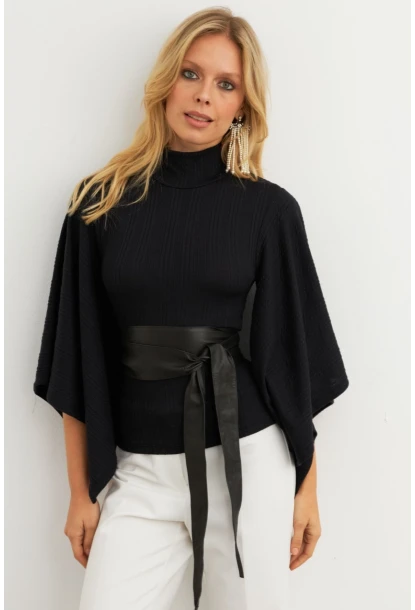 Kadın Siyah Yarasa Kol Balıkçı Bluz MTF32
