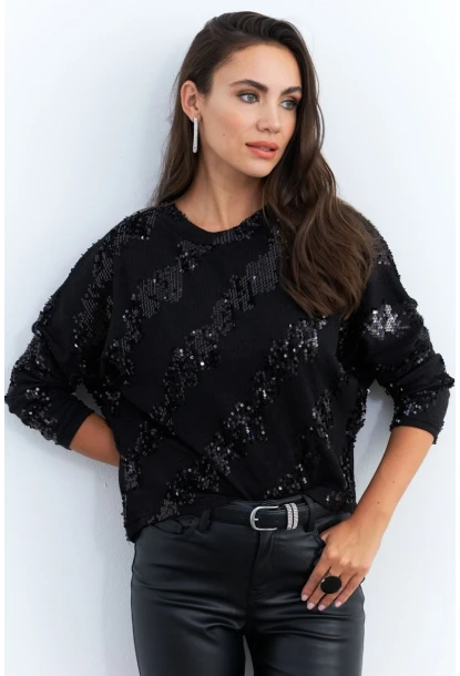 Kadın Siyah Yarasa Kol Payetli Triko Bluz PP6435