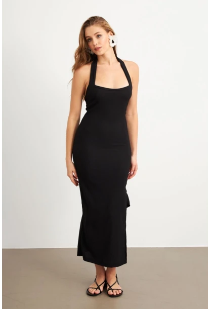 Kadın Siyah Yırtmaçlı Bürümcük Midi Elbise EY3098