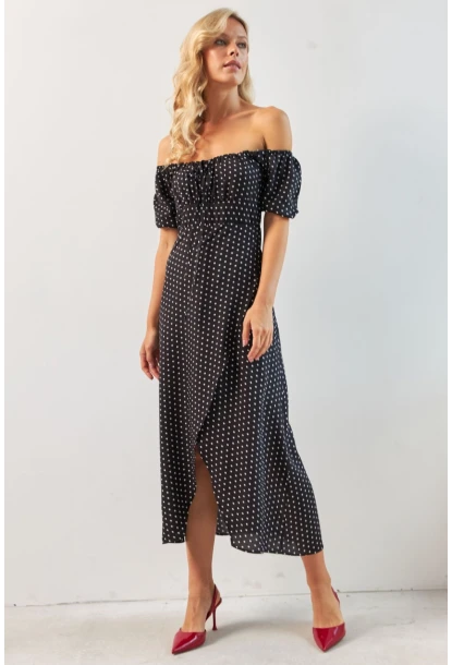 Kadın Siyah Yırtmaçlı Desenli Midi Elbise KED0243