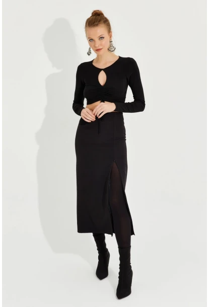 Kadın Siyah Yırtmaçlı Fermuarlı Midi Etek YEL221370