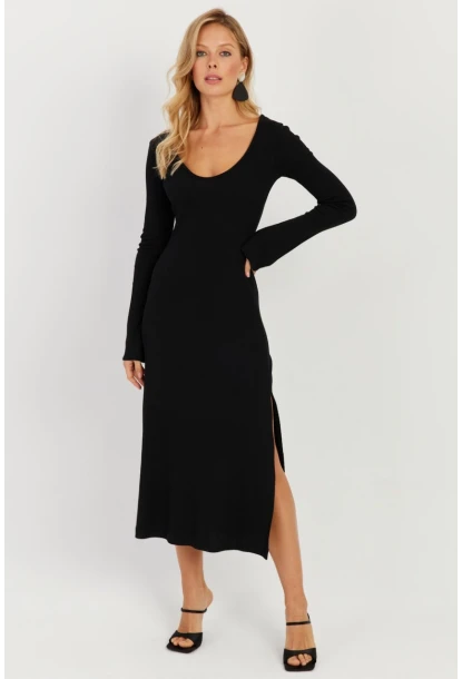 Kadın Siyah Yırtmaçlı Kaşkorse Midi Elbise EY2702