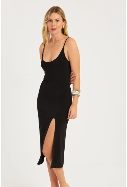 Kadın Siyah Yırtmaçlı Midi Elbise  MON1047