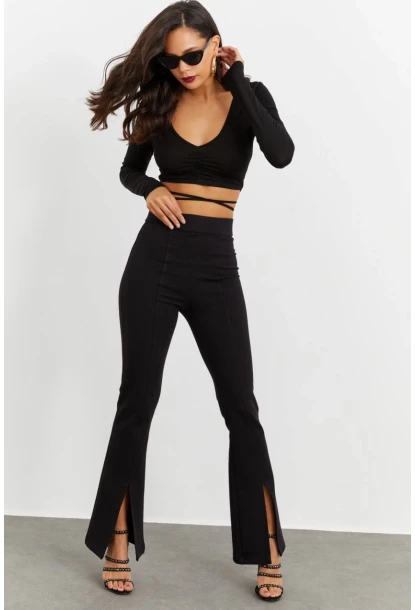 Kadın Siyah Yırtmaçlı Pantolon BK1528