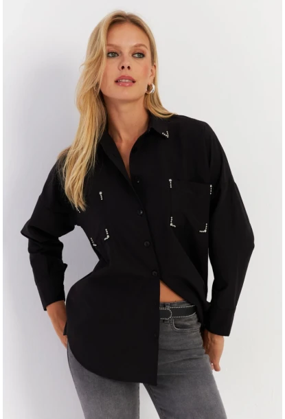 Kadın Siyah Zımbalı Gömlek MASF2
