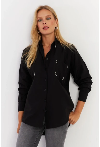 Kadın Siyah Zımbalı Gömlek MASF2