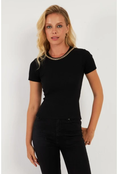 Kadın Siyah Zincir Aksesuarlı Bluz XL2020