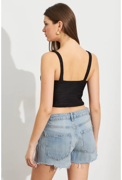 Kadın Siyah Zincir Askılı Astarlı Crop Bluz LİT109