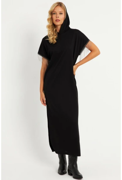 Kadın Siyah Zincir Detaylı Kapüşonlu Midi Elbise      EY2904