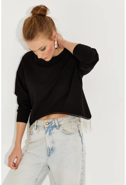 Kadın Siyah Zincirli Asimetrik Sweatshirt EY2664