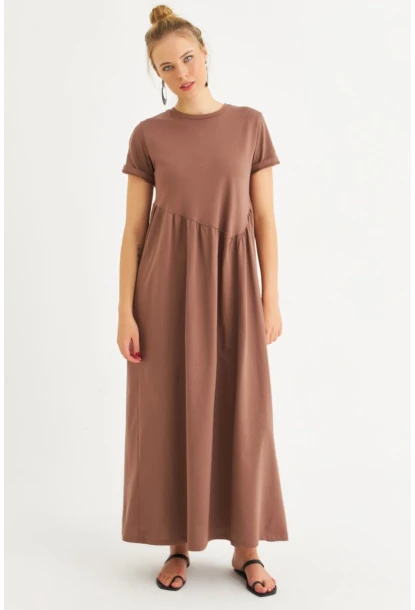 Kadın Sütlü Kahve Asimetrik Dikişli Maxi Elbise MDMR440