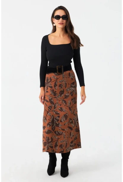 Kadın Taba Desenli Saten Etek CAR1060