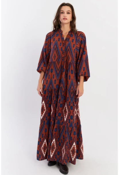 Kadın Taba Desenli Volanlı Maxi Dokuma Elbise ALO339