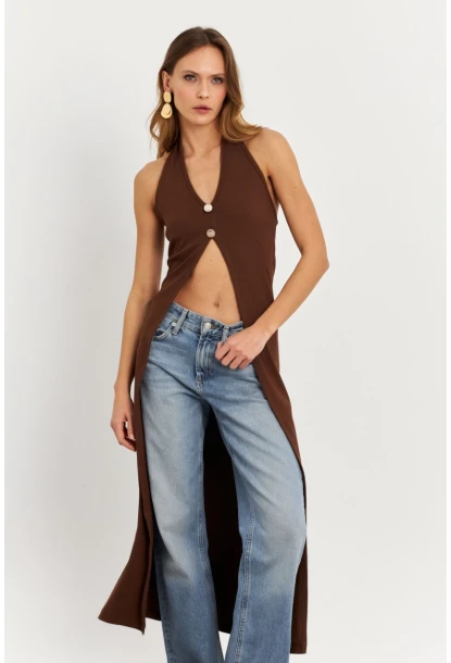 Kadın Taba Düğme Detaylı Uzun Yelek EY3048