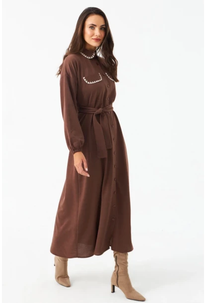 Kadın Taba Kemerli Maxi Gömlek Elbise MASF17