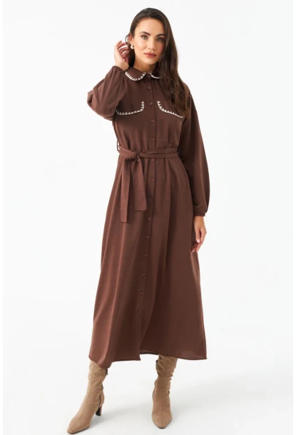 Kadın Taba Kemerli Maxi Gömlek Elbise MASF17