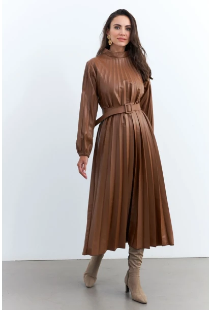 Kadın Taba Pileli Kemerli Maxi Elbise MALZ99