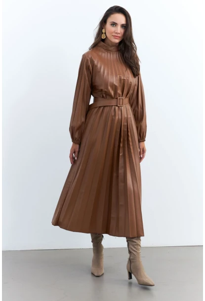 Kadın Taba Pileli Kemerli Maxi Elbise MALZ99