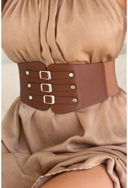 Kadın Taba Üç Tokalı Lastikli Korse Kemer BE642