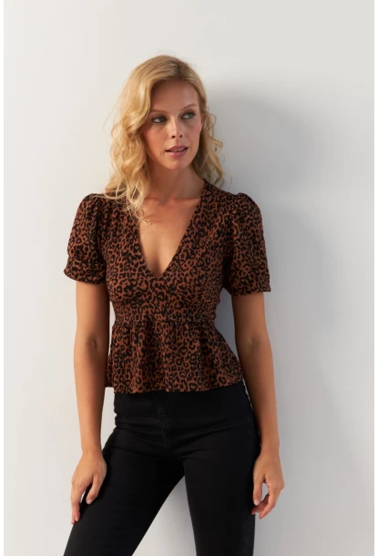 Kadın Taba V Yaka Desenli Bluz KAZ21