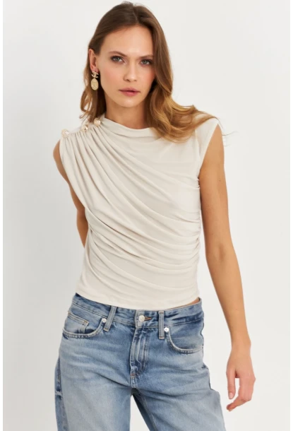 Kadın Taş Düğme Detaylı Büzgülü Bluz LPP1205-1