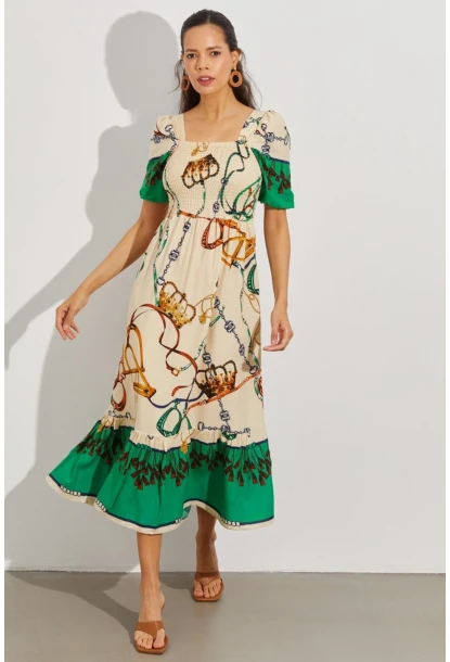 Kadın Taş Gipeli Kare Yaka Midi Elbise ÖM167