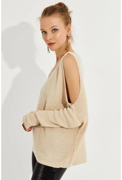 Kadın Taş Kolu Yırtmaçlı Triko Bluz SMT221