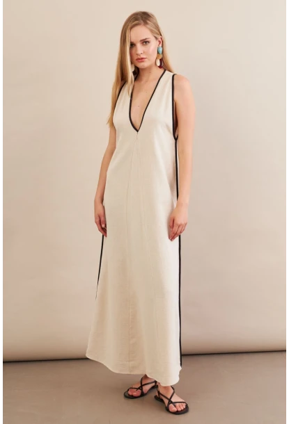 Kadın Taş Kontrast Çizgili Maxi Keten Elbise MSİ101