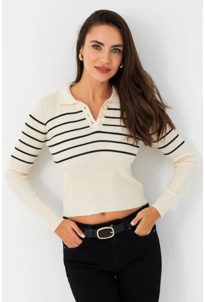 Kadın Taş Polo Yaka Çizgili Triko Bluz MK65
