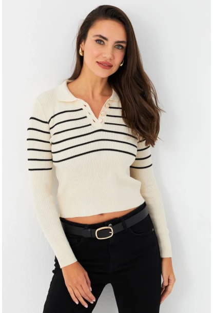 Kadın Taş Polo Yaka Çizgili Triko Bluz MK65