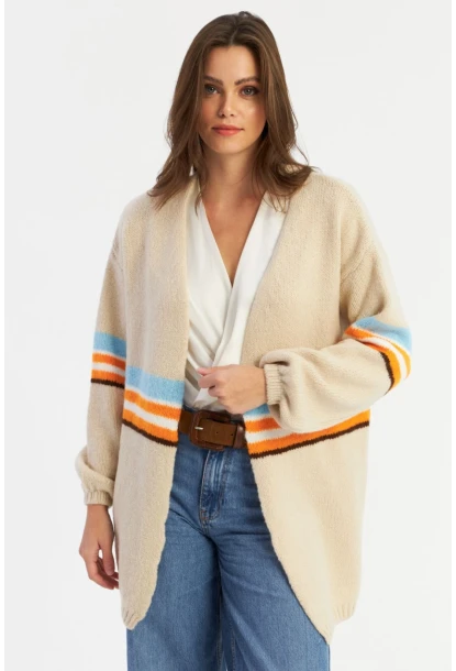 Kadın Taş Renk Çizgili Hırka MSMT2429