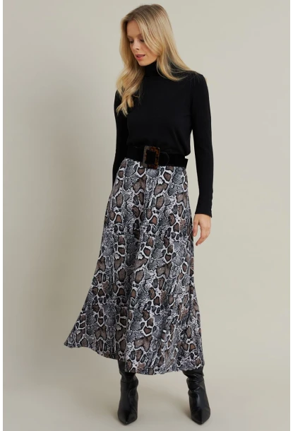 Kadın Taş-Siyah Desenli Çan Etek LON3007