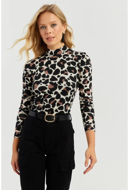 Kadın Taş-Siyah Leopar Desenli Bluz AYD267
