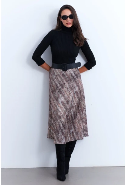 Kadın Taş-Siyah Yılan Desenli Saten Çan Etek ELT161