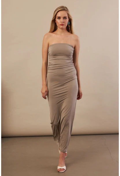 Kadın Taş Straplez Büzgülü Midi Elbise MX2005
