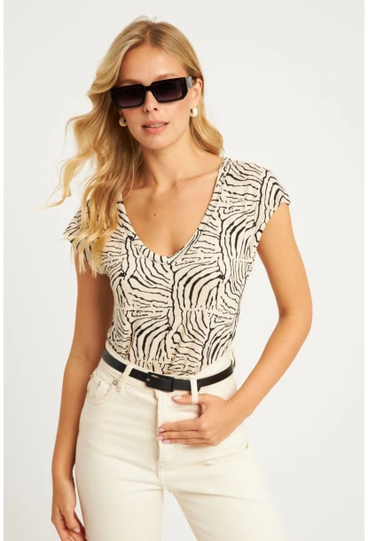 Kadın Taş V Yaka Desenli Bluz LPP1285