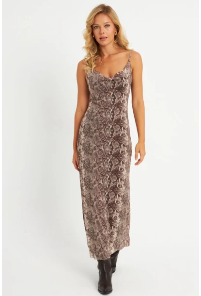 Kadın Taş Yılan Desenli Astarlı Midi Yılbaşı Elbise GÇ180