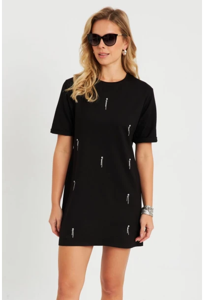 Kadın Taşlı Mini Elbise Siyah ST831