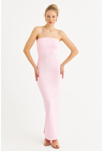 Kadın Toz Pembe Straplez Yırtmaçlı Midi Elbise XC005