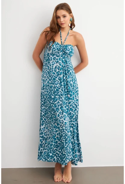 Kadın Turkuaz Büzgülü Desenli Midi Elbise KAB304