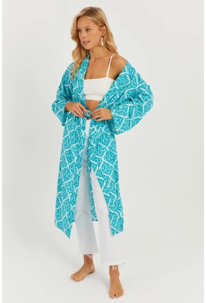 Kadın Turkuaz Desenli Kimono GÇ155