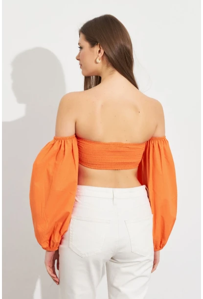 Kadın Turuncu Balon Kol Crop Bluz ROP111