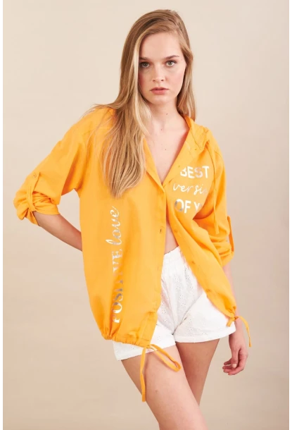 Kadın Turuncu Baskılı Kapüşonlu Gömlek MPC308