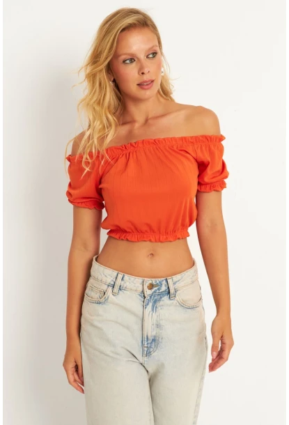 Kadın Turuncu Büzğülü Crop Bluz KAZ13