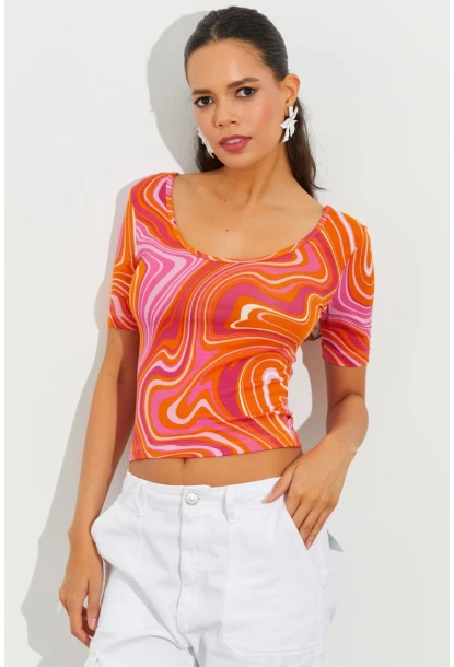 Kadın Turuncu Desenli Bluz LPP1224