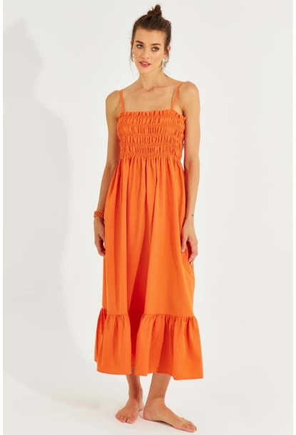 Kadın Turuncu Gipeli Askılı Midi Elbise MEN2000