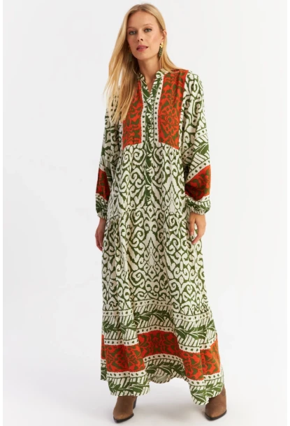 Kadın Turuncu-Haki Volanlı Maxi Elbise MALO11