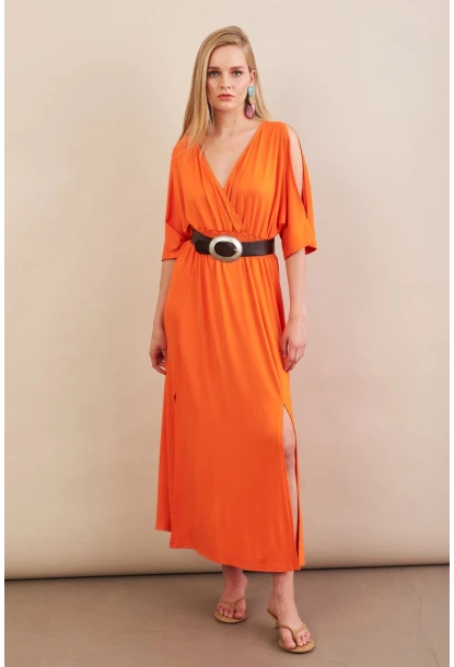 Kadın Turuncu Kol Pencereli Midi Elbise MP500