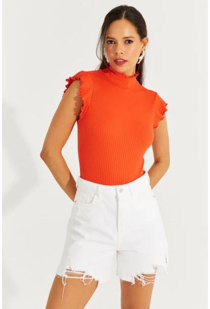 Kadın Turuncu Kolları Fırfırlı Fitilli Bluz TH1092